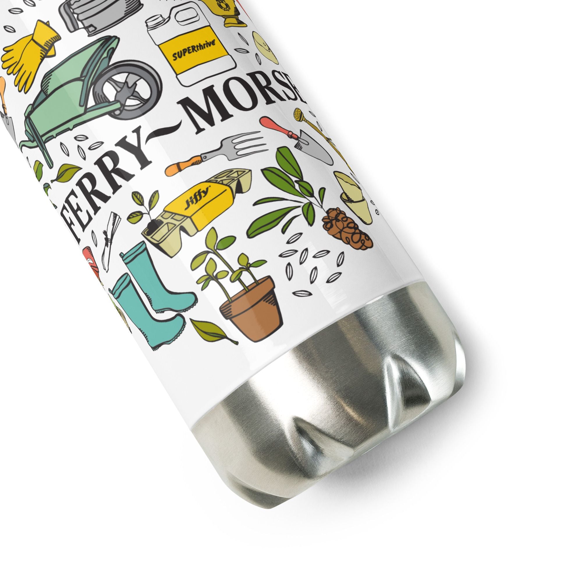 A white stainless steel water bottle with a colorful logo featuring various items and plants, and the text 'Ferry-Morse'.